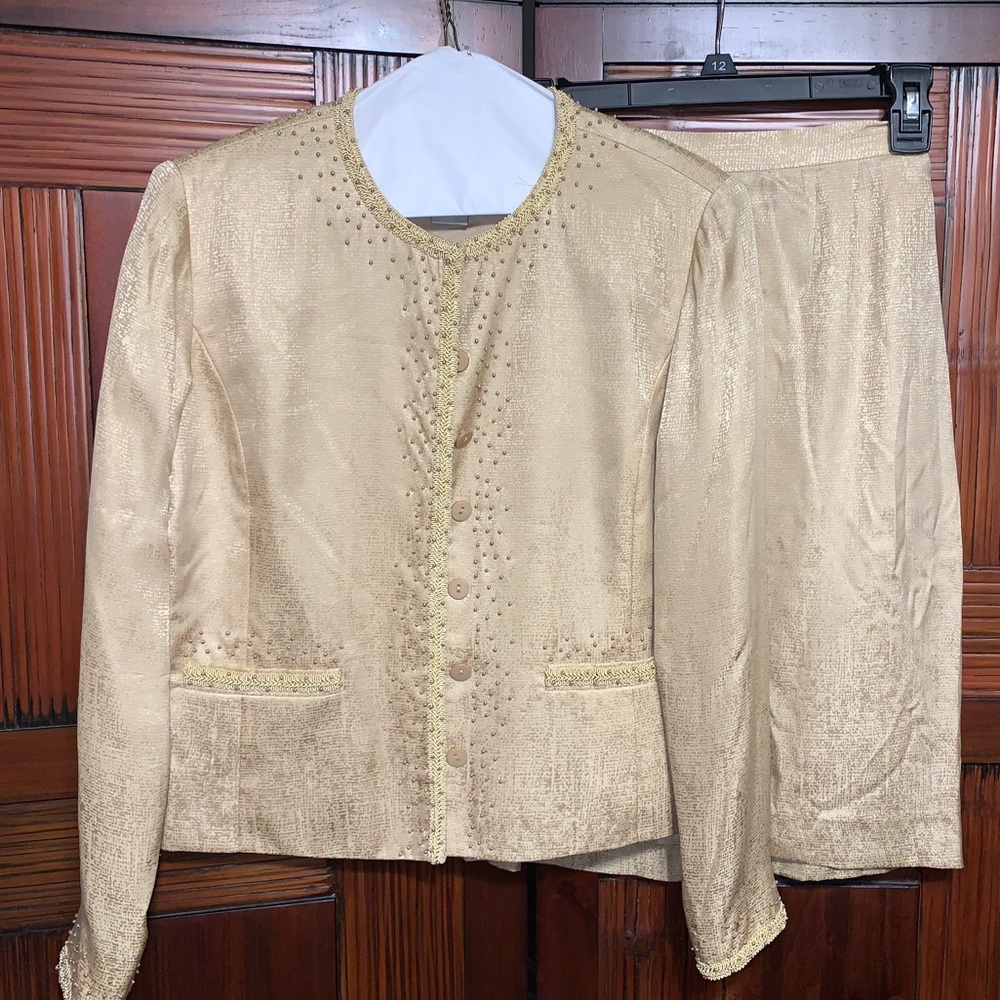 Gold suit with beading detail and pockets